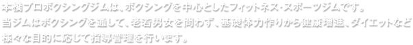 本橋プロボクシングジムは、ボクシングを中心としたフィットネス・スポーツジムです。当ジムはボクシングを通して、老若男女を問わず、基礎体力作りから健康増進、ダイエットなど、様々な目的に応じて指導管理を行います。